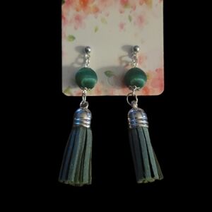 Handcrafted By Nanaluvcreations Green Suede  Fringed Tassel VTG Beaded Earrings